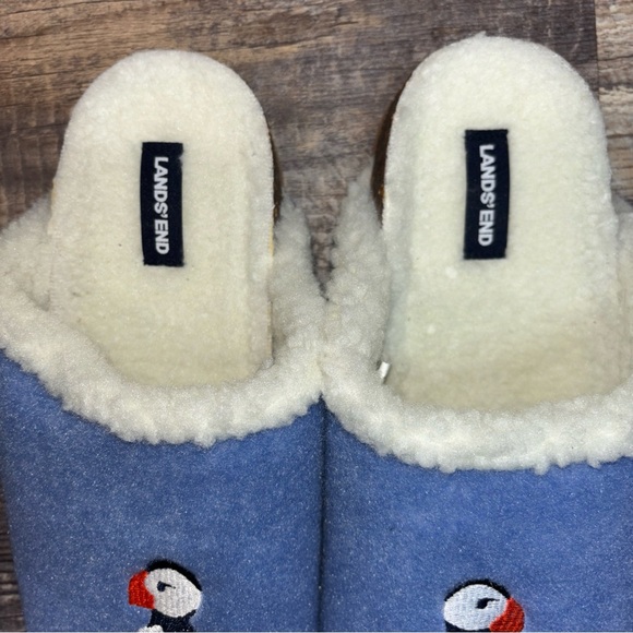 Lands’ End Blue Puffin Bird Sherpa Lined Faux Fur Slip On Slippers Women's 9 - Picture 2 of 5
